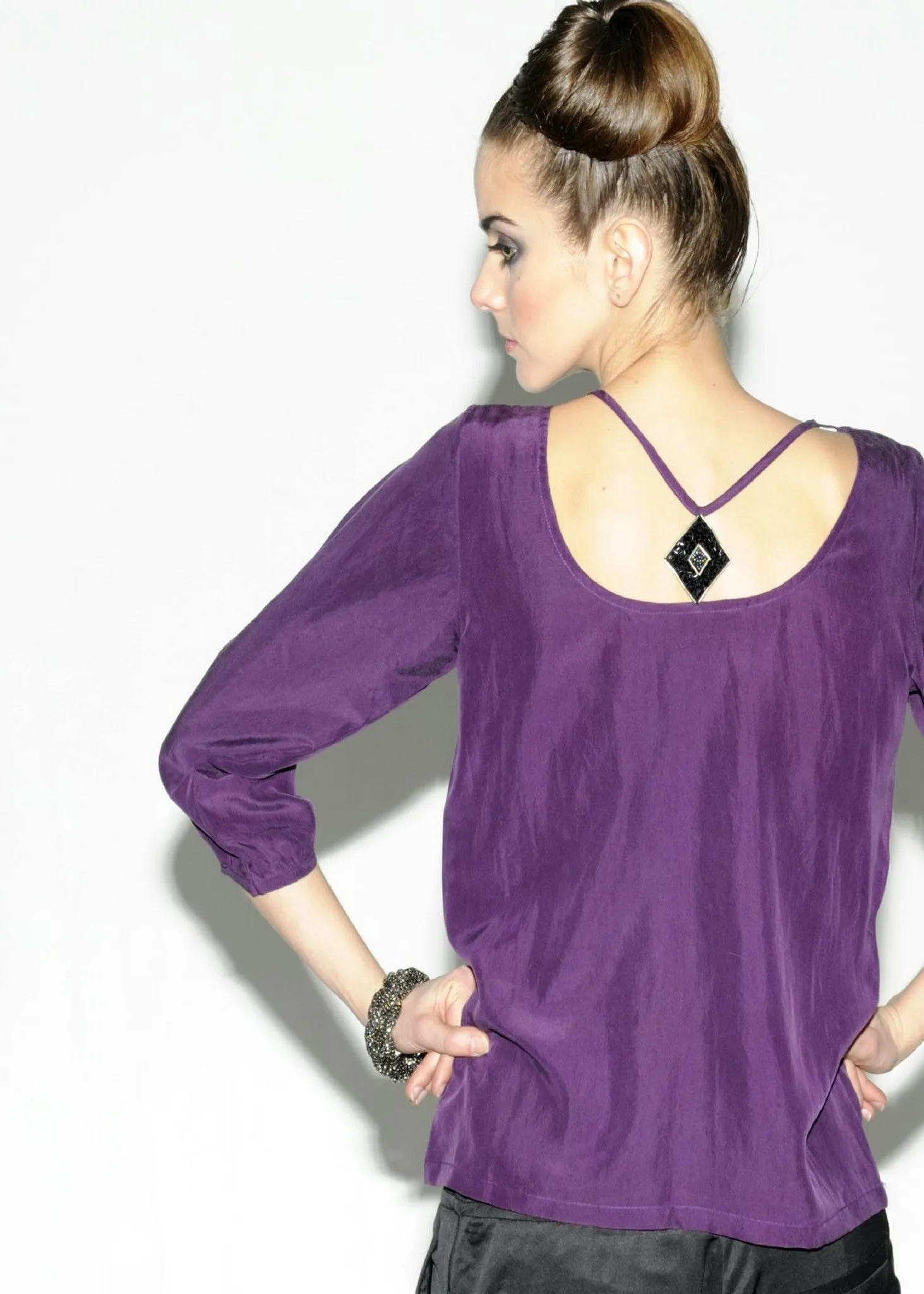 Beaded squares neck detail silk top