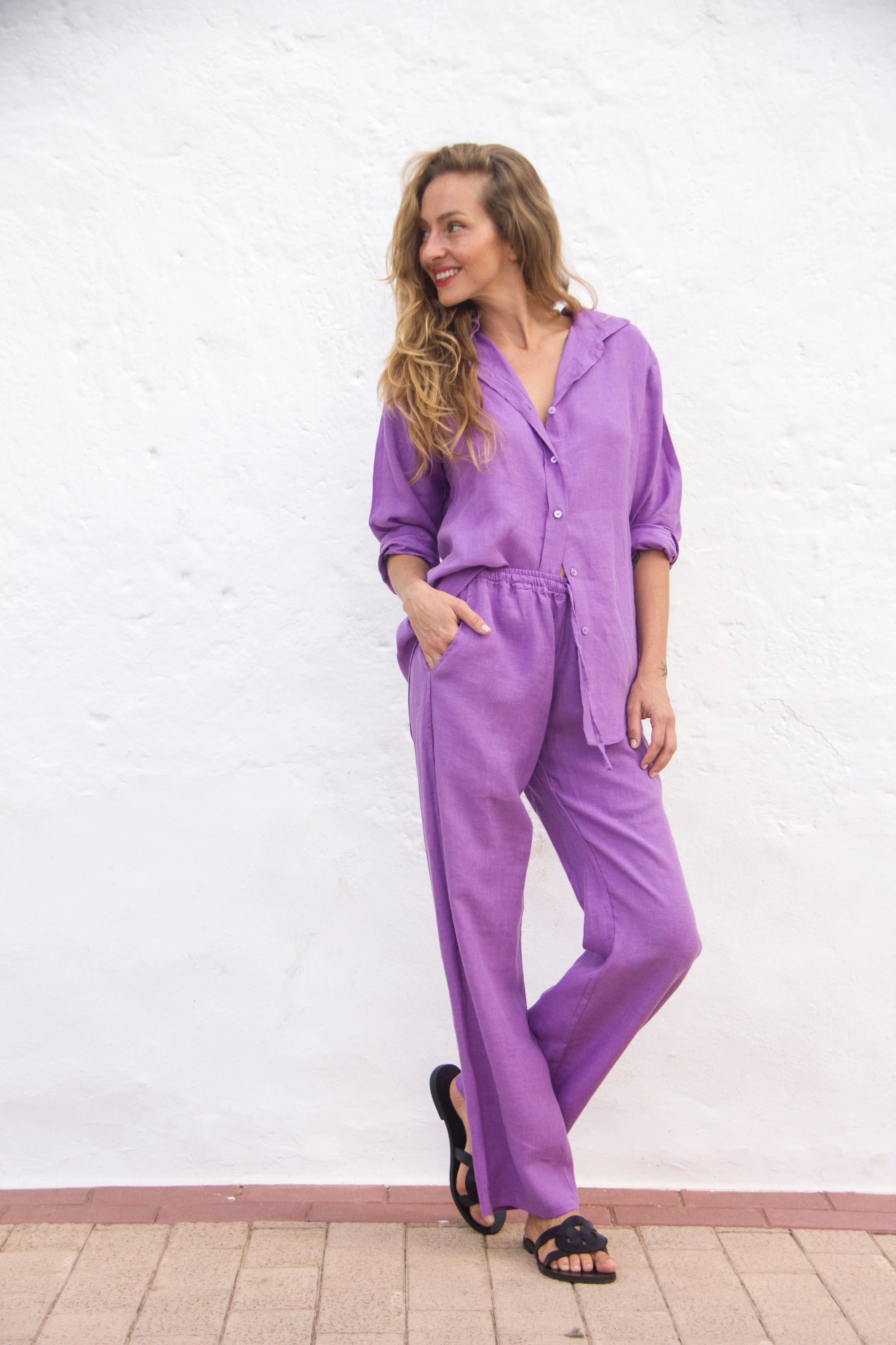 Belgium drawstringtrousers fine Belgium linen amethyst orchid