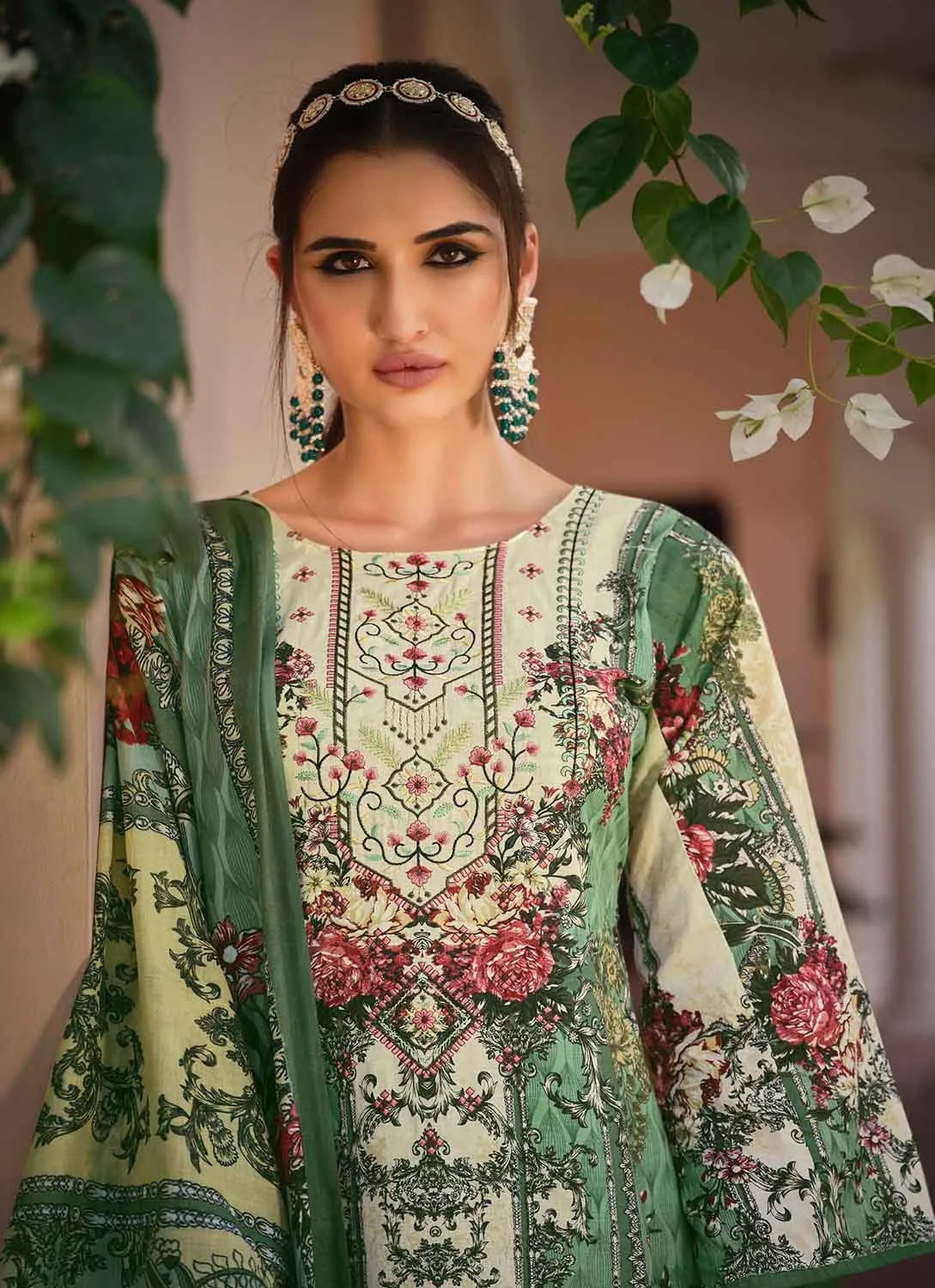 Belliza Cotton Pakistani Print Unstitched Women Salwar Suit Green