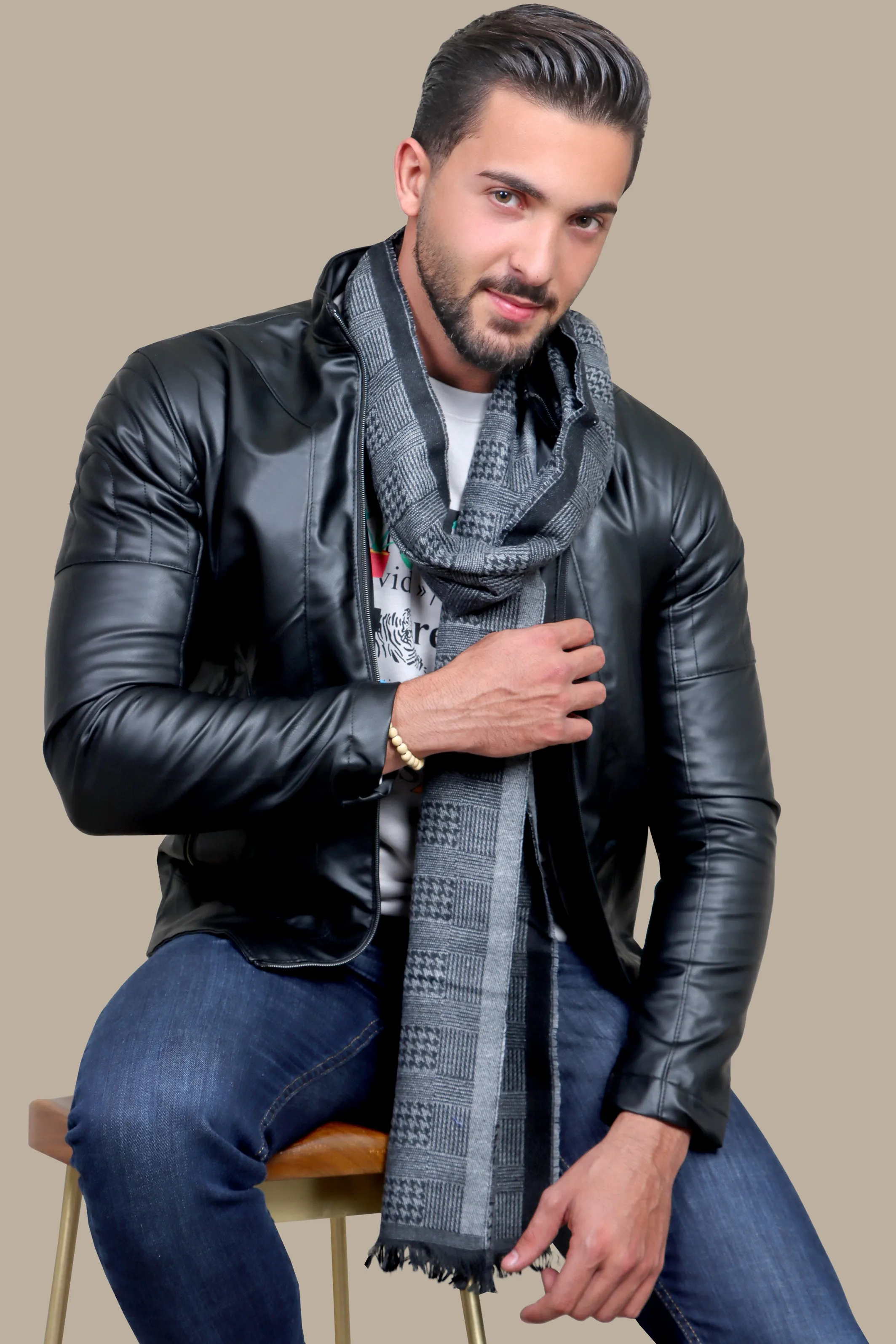 Black Faux Leather Mao Jacket with Dual Zipper Accents