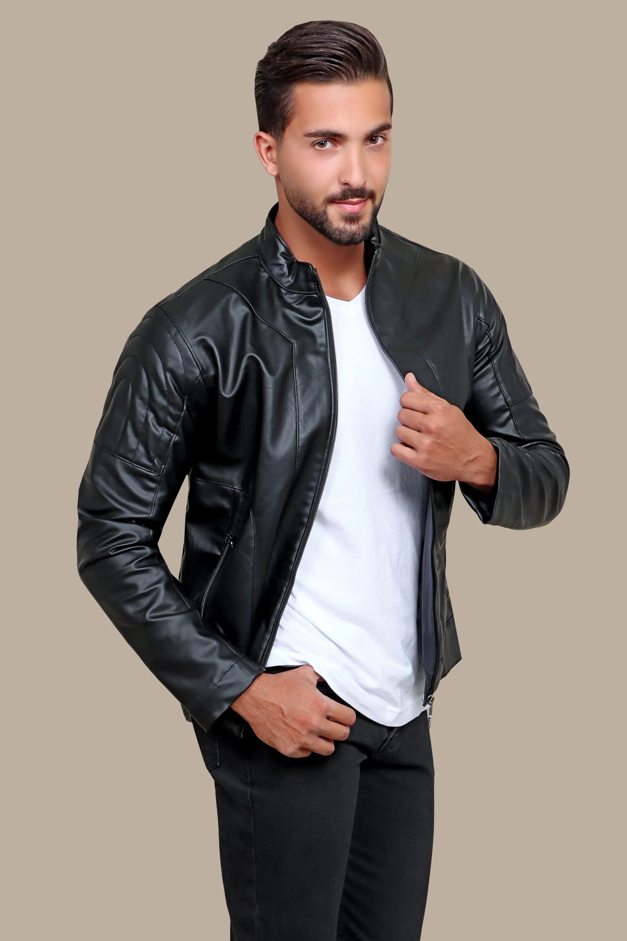 Black Faux Leather Mao Jacket with Dual Zipper Accents