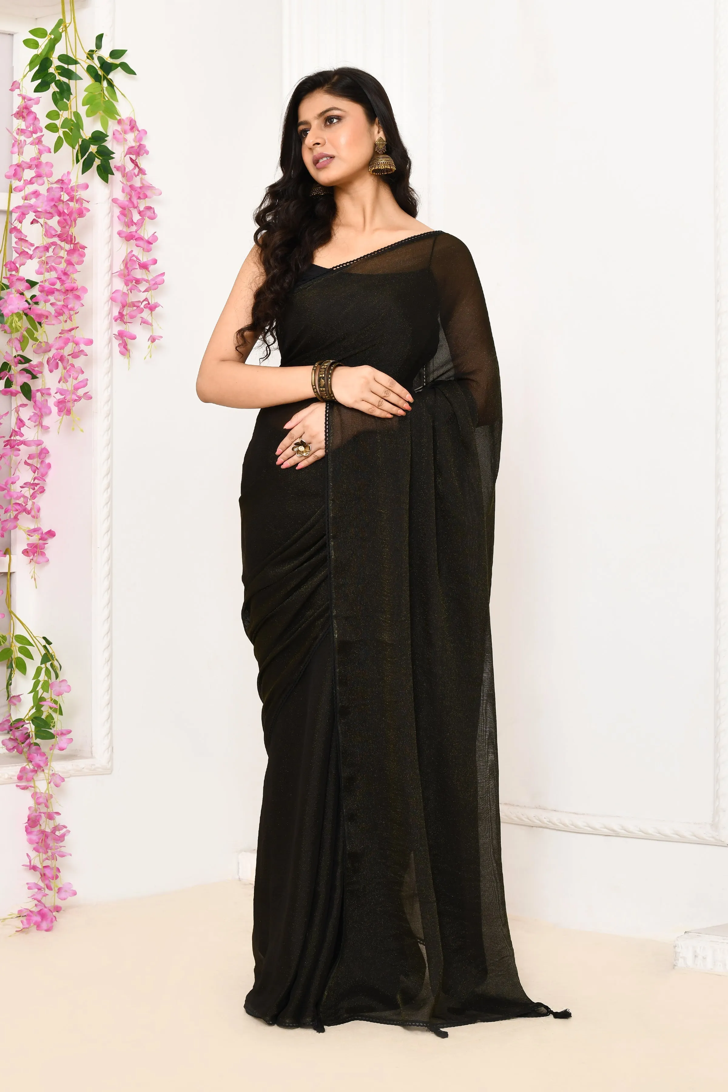 Black Plain Chiffon Tissue Saree