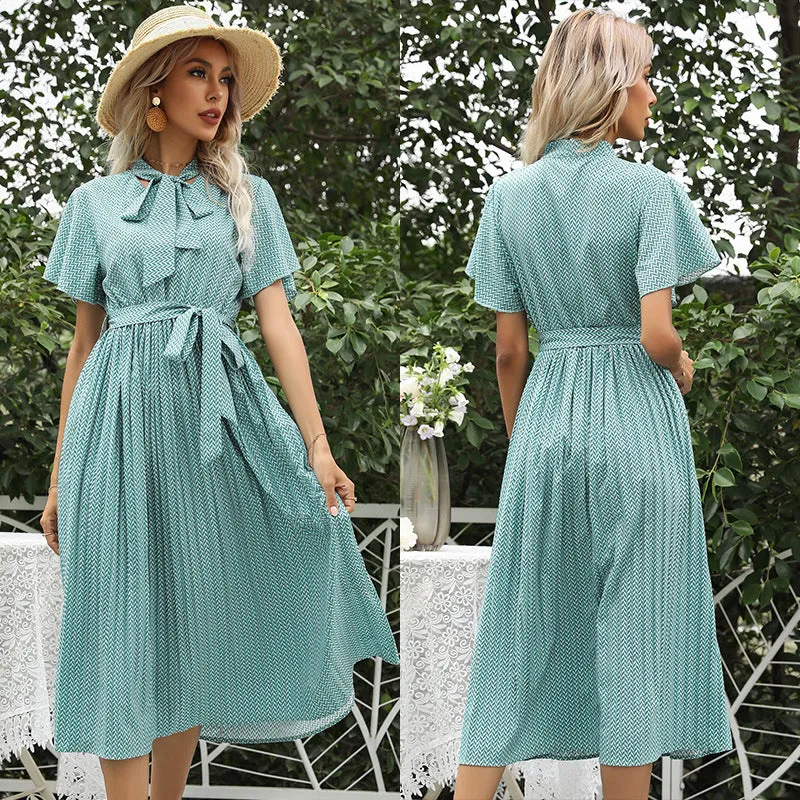 Bow Collar Pleated Geometric Print Dress
