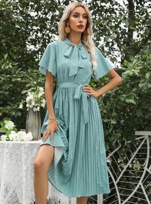 Bow Collar Pleated Geometric Print Dress