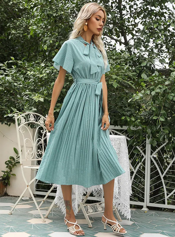 Bow Collar Pleated Geometric Print Dress