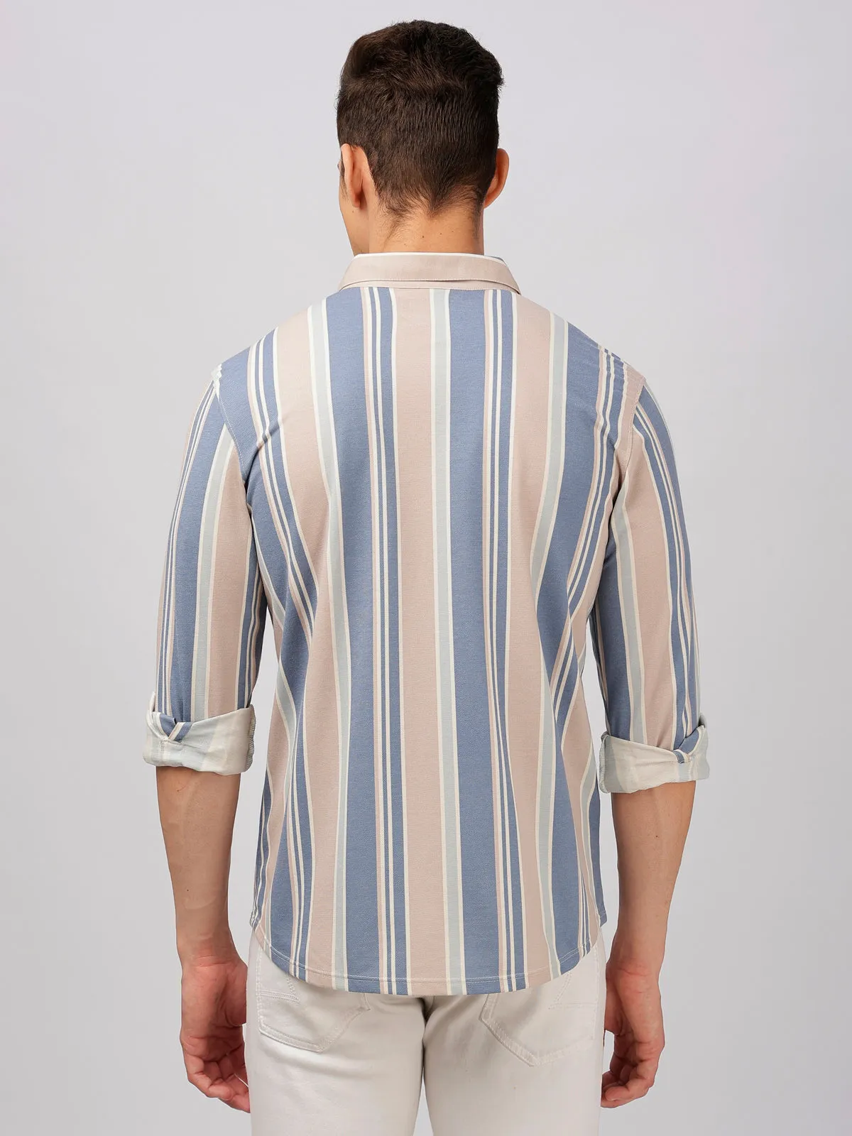 BULLMER Trendy Blue Regular Fit Striped Causal Full sleeve Shirt For Men.