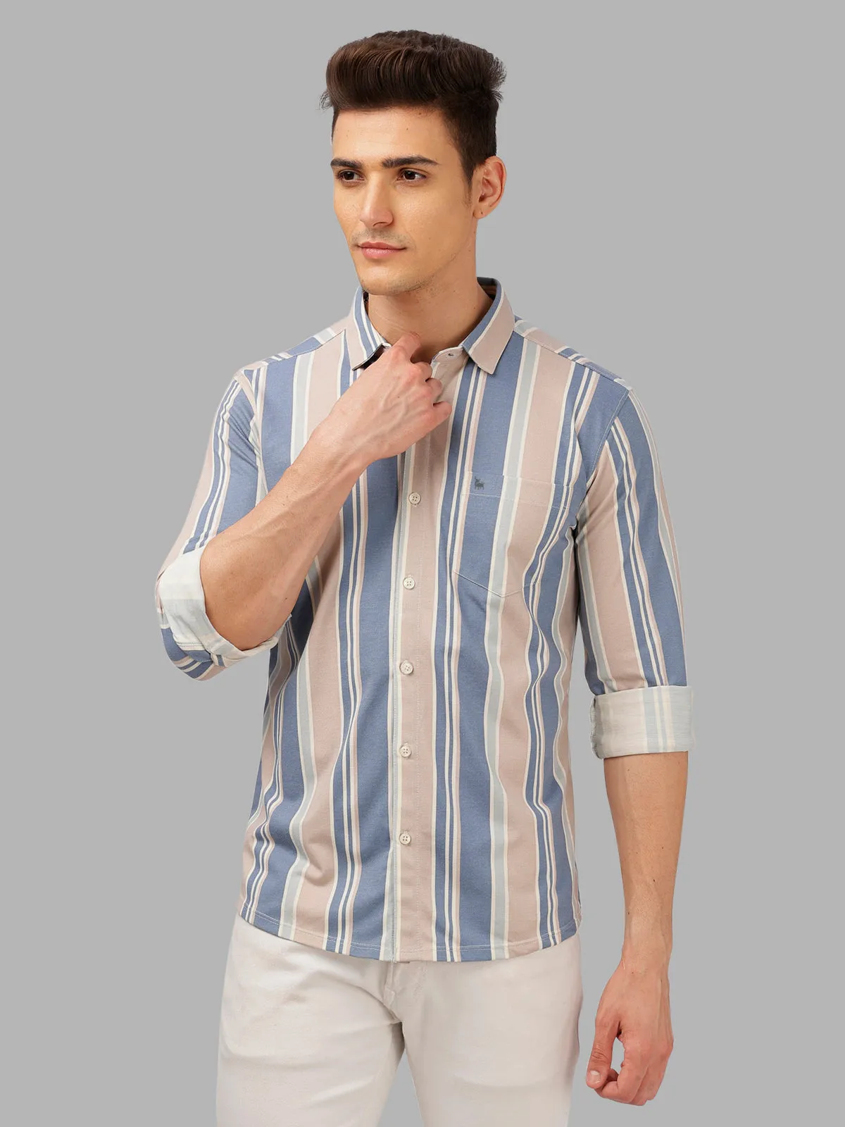 BULLMER Trendy Blue Regular Fit Striped Causal Full sleeve Shirt For Men.