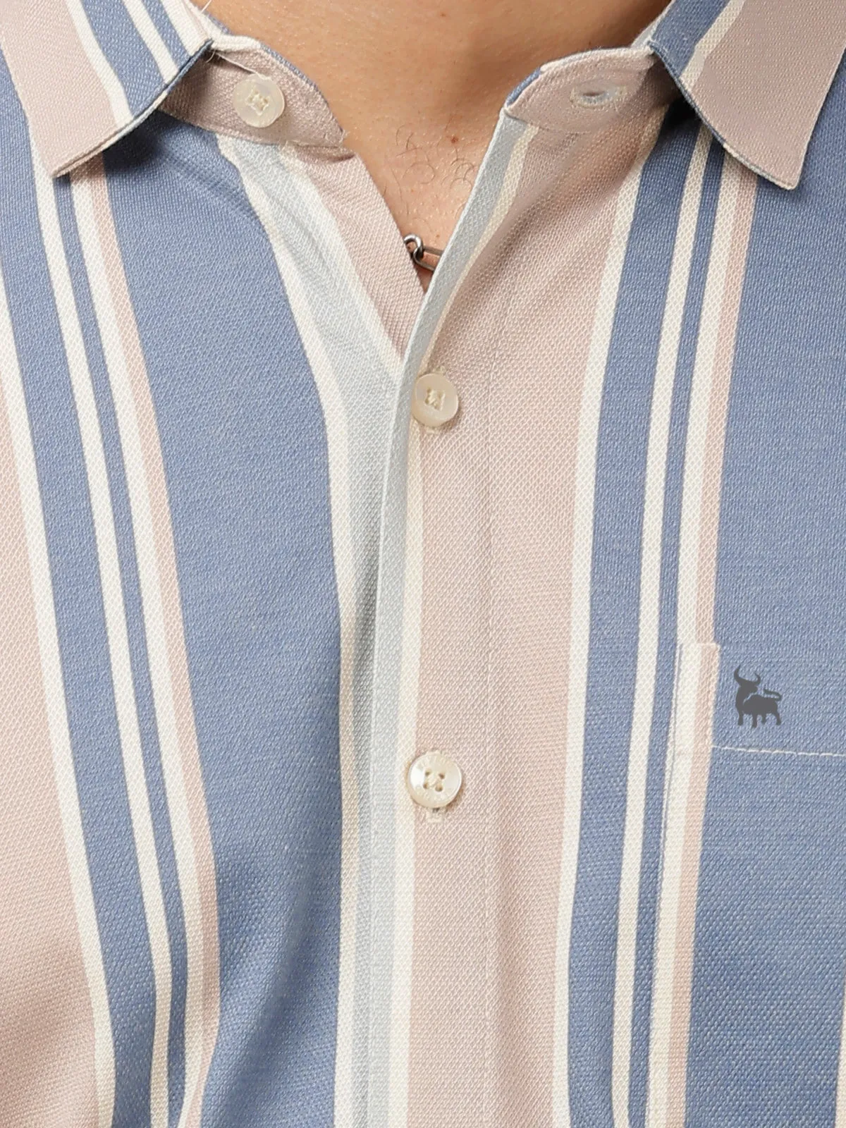 BULLMER Trendy Blue Regular Fit Striped Causal Full sleeve Shirt For Men.