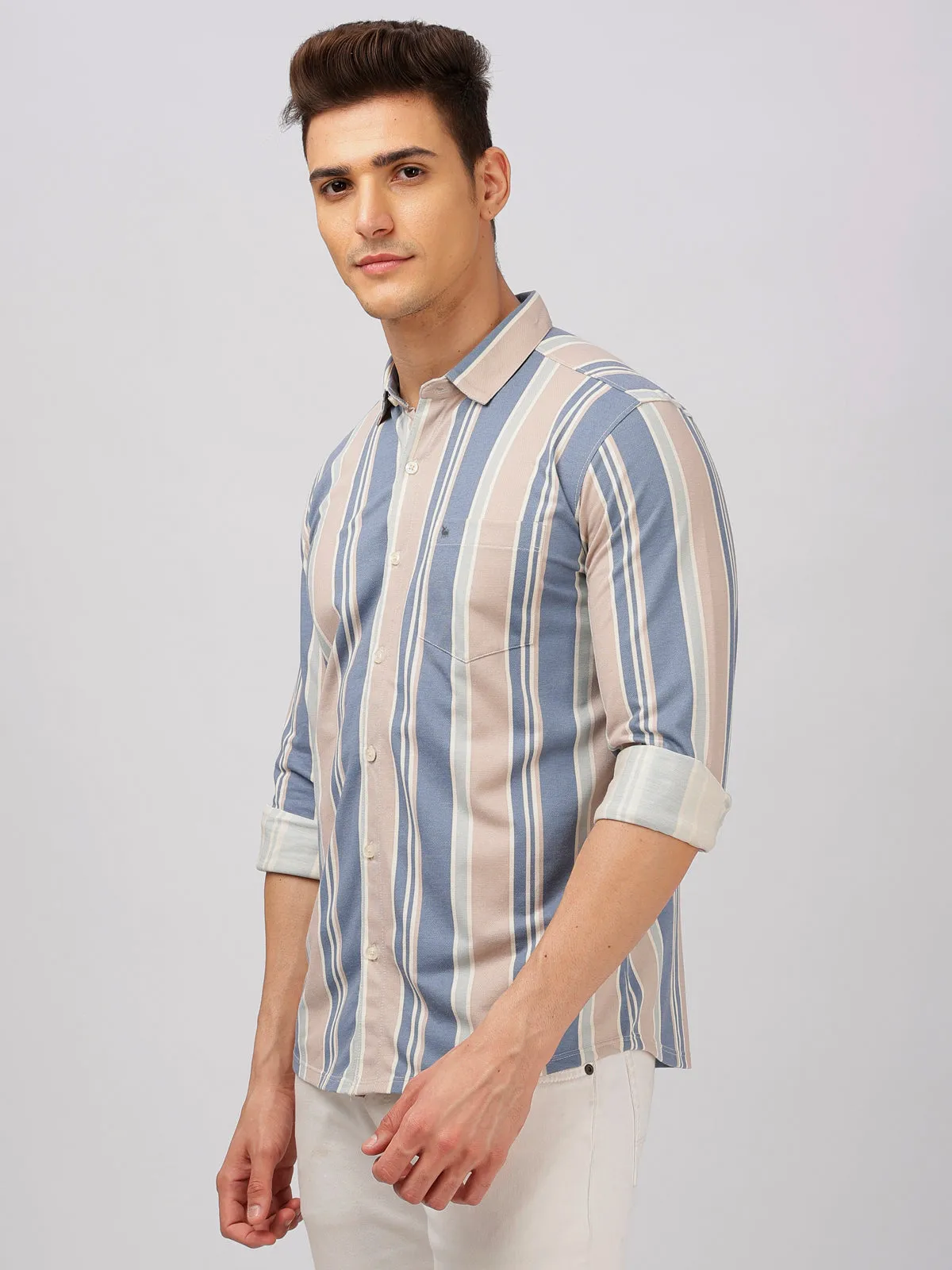 BULLMER Trendy Blue Regular Fit Striped Causal Full sleeve Shirt For Men.