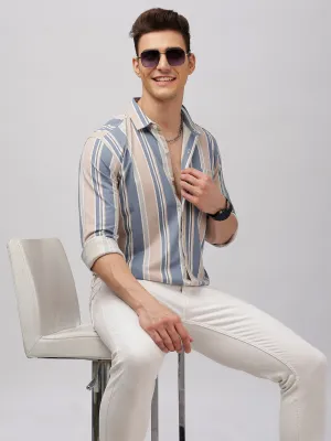 BULLMER Trendy Blue Regular Fit Striped Causal Full sleeve Shirt For Men.