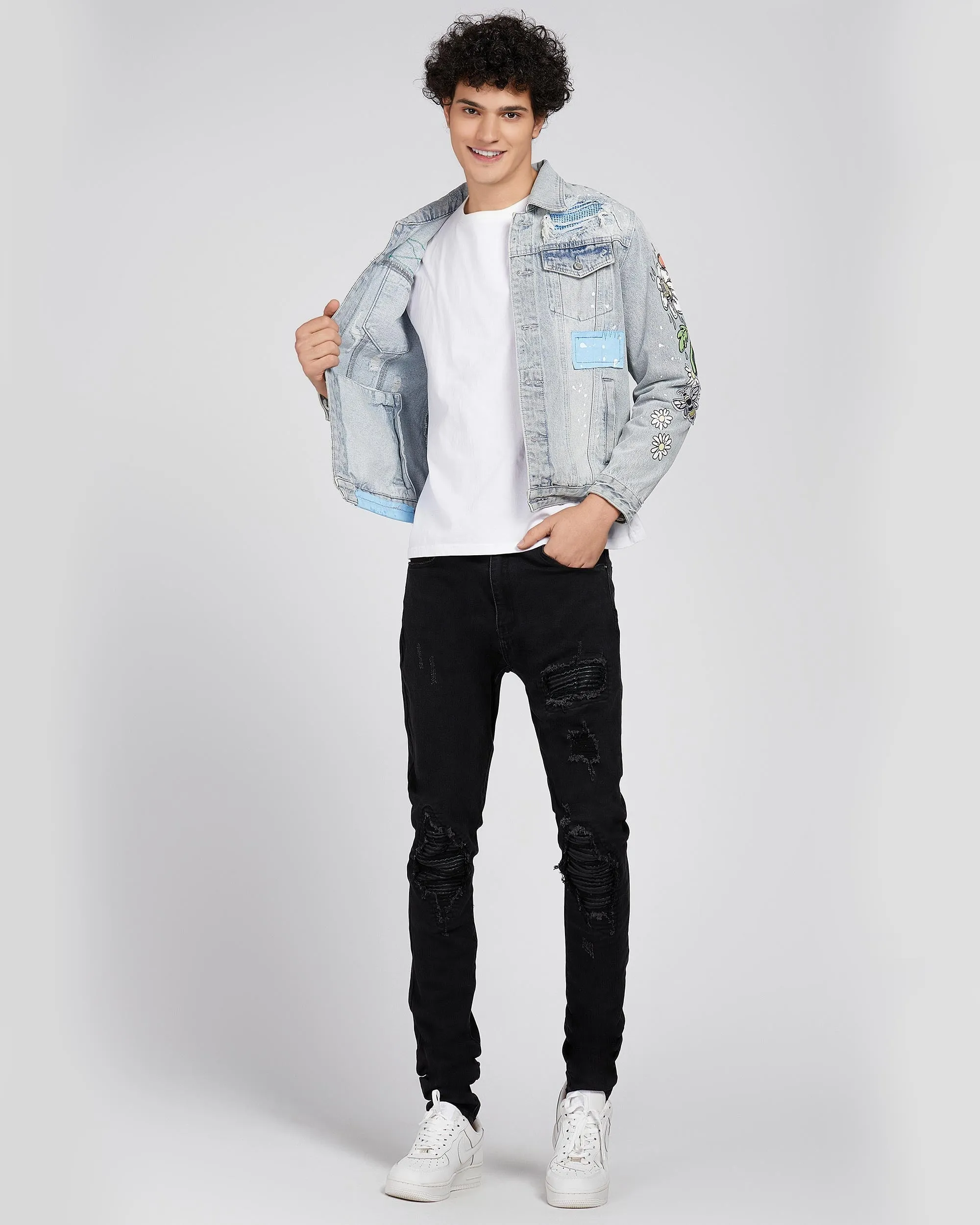 Casual and Versatile Blue Rip & Repair Denim Jacket-Mexico Local Delivery