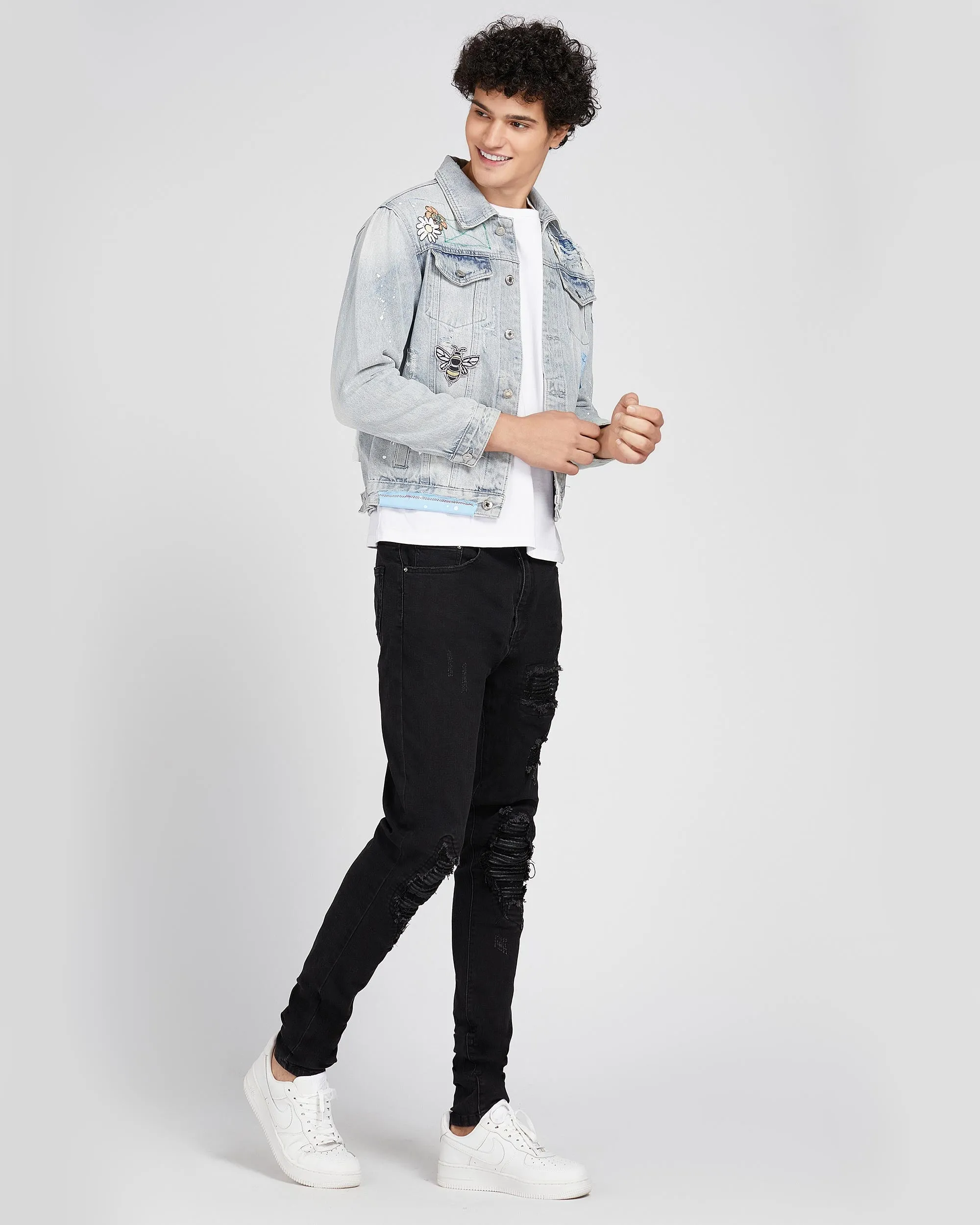 Casual and Versatile Blue Rip & Repair Denim Jacket-Mexico Local Delivery