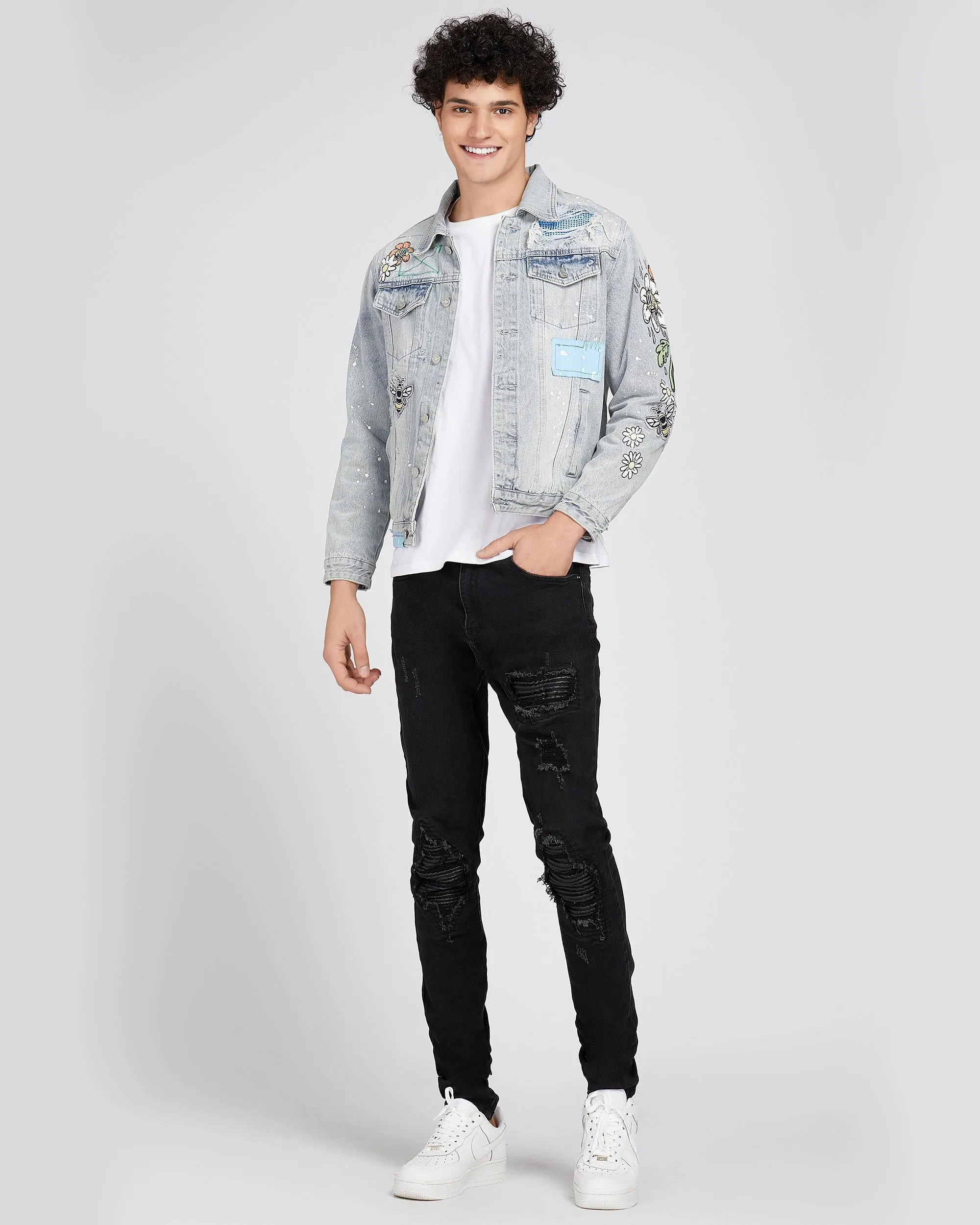 Casual and Versatile Blue Rip & Repair Denim Jacket-Mexico Local Delivery
