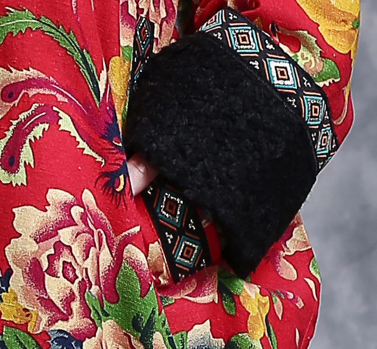 Casual embroidered floral V-neck winter long women's cotton dress