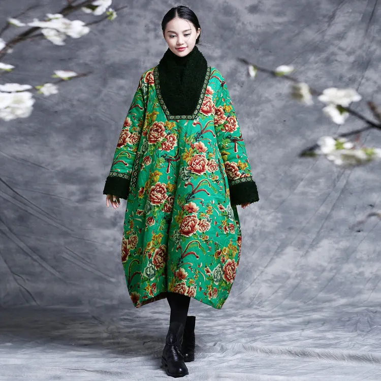 Casual embroidered floral V-neck winter long women's cotton dress