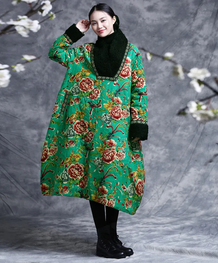 Casual embroidered floral V-neck winter long women's cotton dress