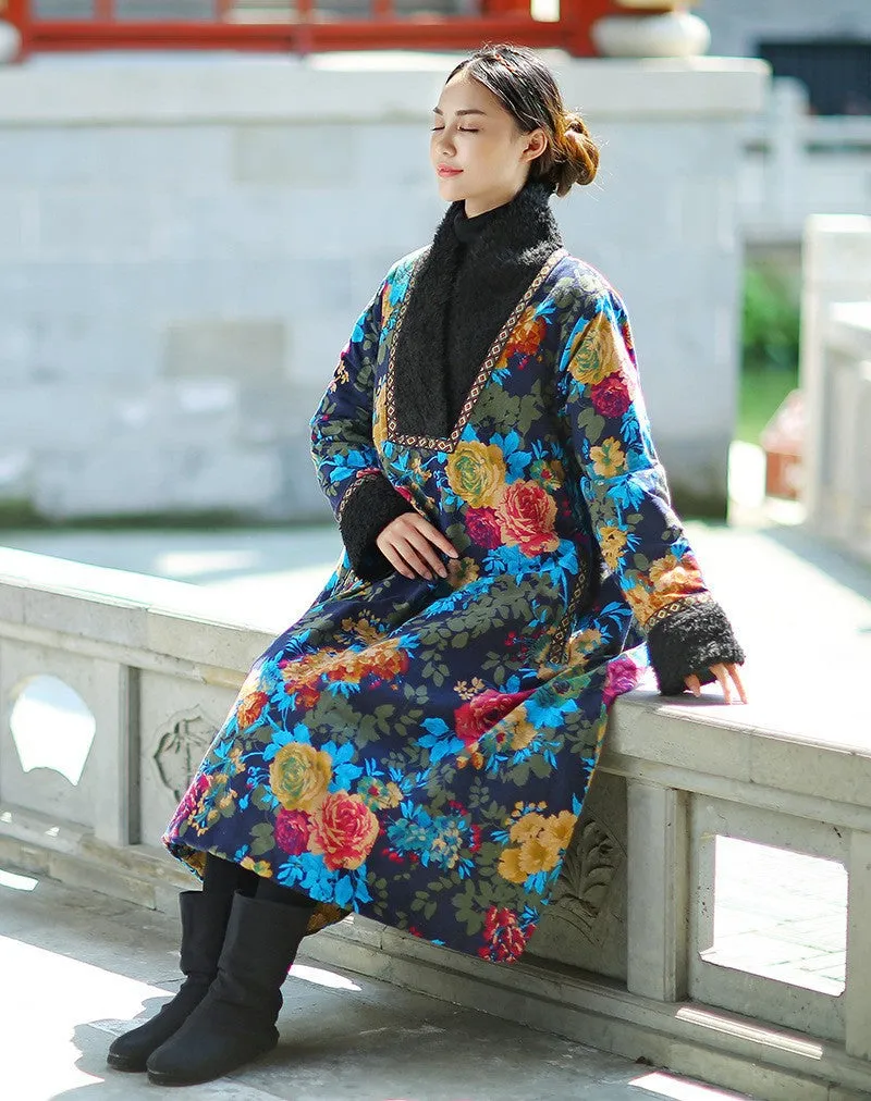 Casual embroidered floral V-neck winter long women's cotton dress