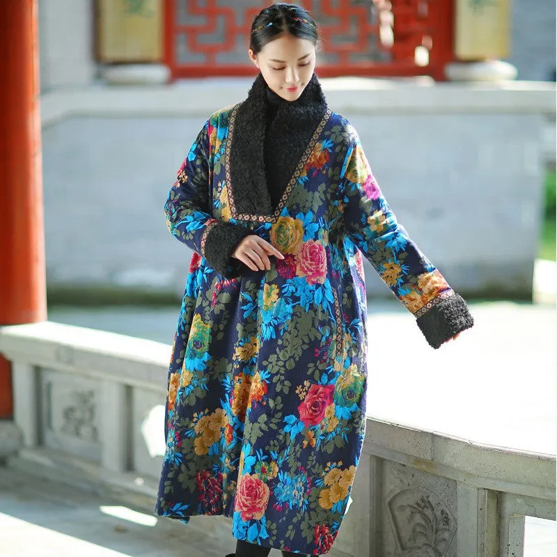 Casual embroidered floral V-neck winter long women's cotton dress