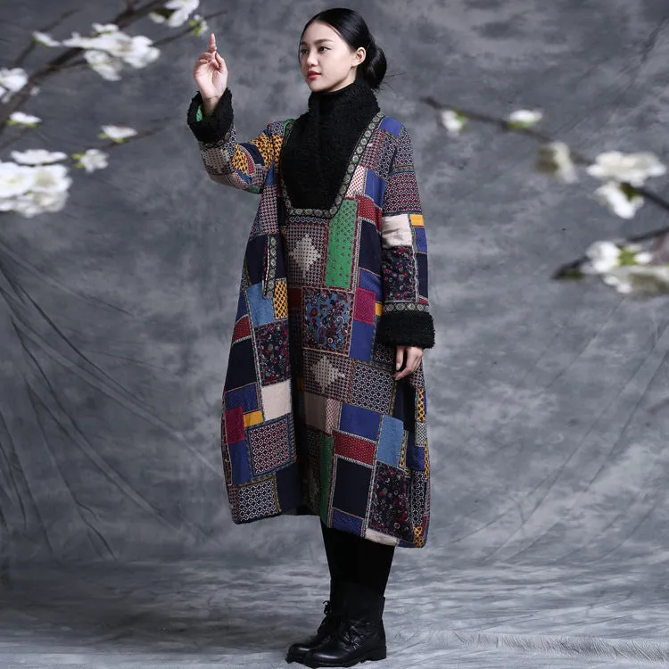 Casual embroidered floral V-neck winter long women's cotton dress
