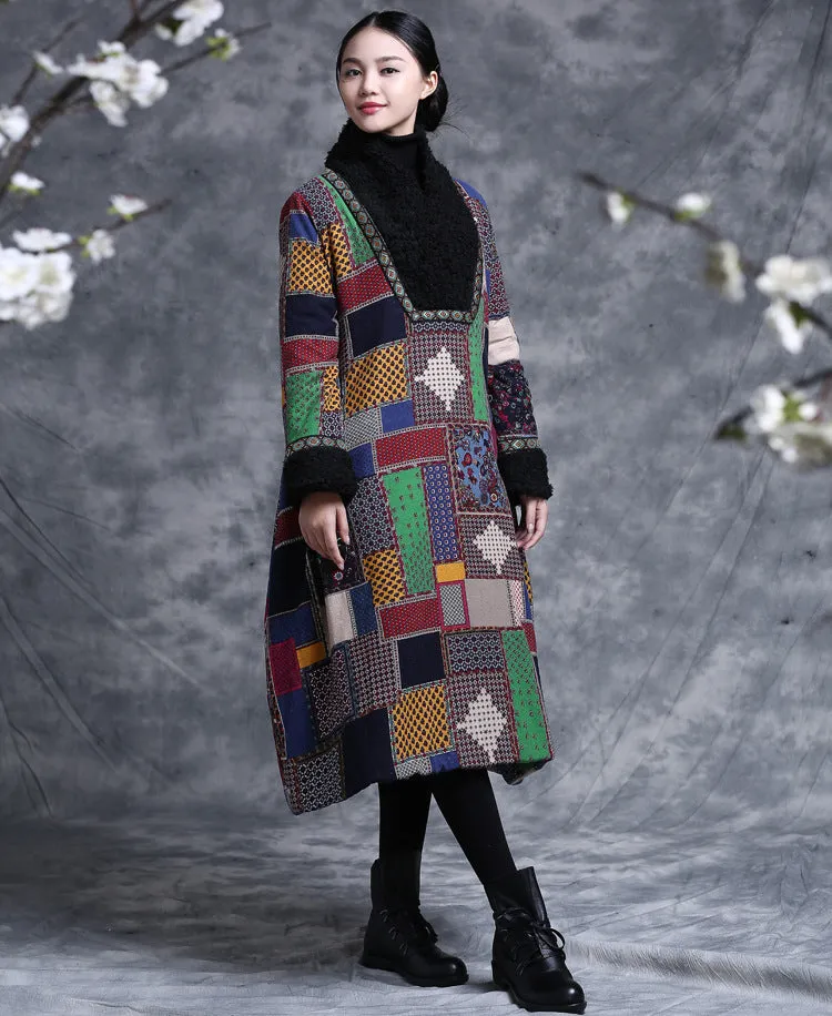 Casual embroidered floral V-neck winter long women's cotton dress