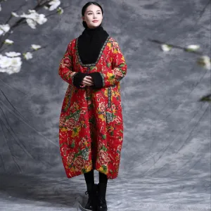 Casual embroidered floral V-neck winter long women's cotton dress