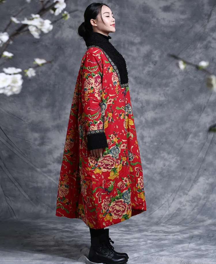 Casual embroidered floral V-neck winter long women's cotton dress
