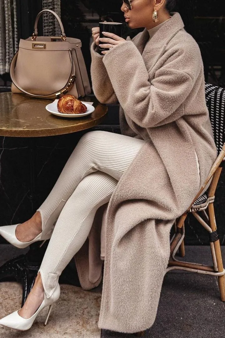 Elegant lapel plush long coat