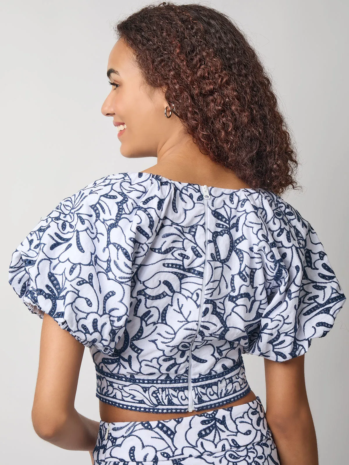 Embroidered Floral Cropped Cotton Blouse