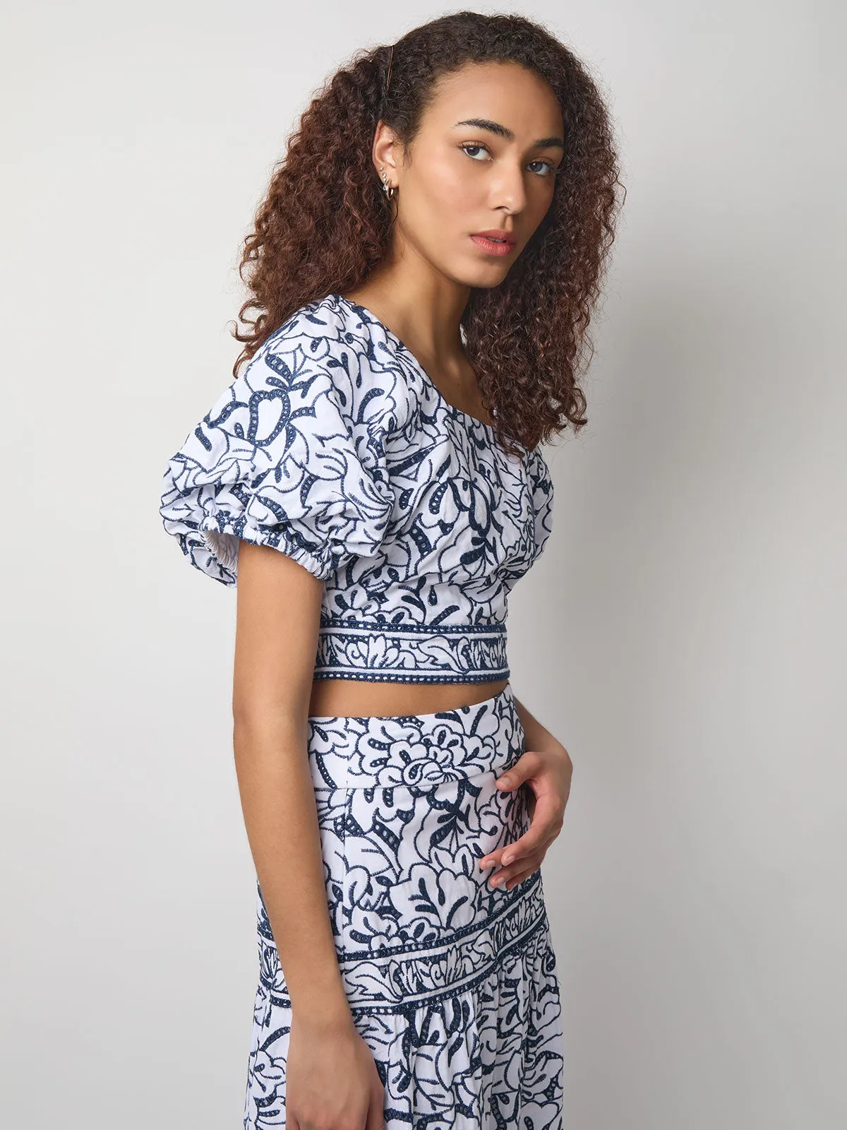 Embroidered Floral Cropped Cotton Blouse