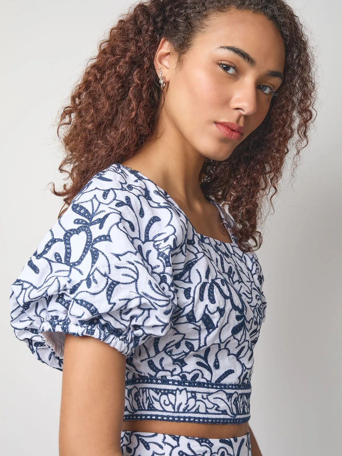 Embroidered Floral Cropped Cotton Blouse