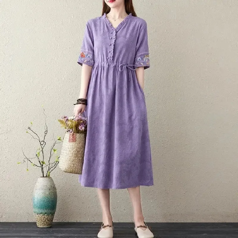 Embroidery Short Sleeve Cotton Linen V-Neck Dress