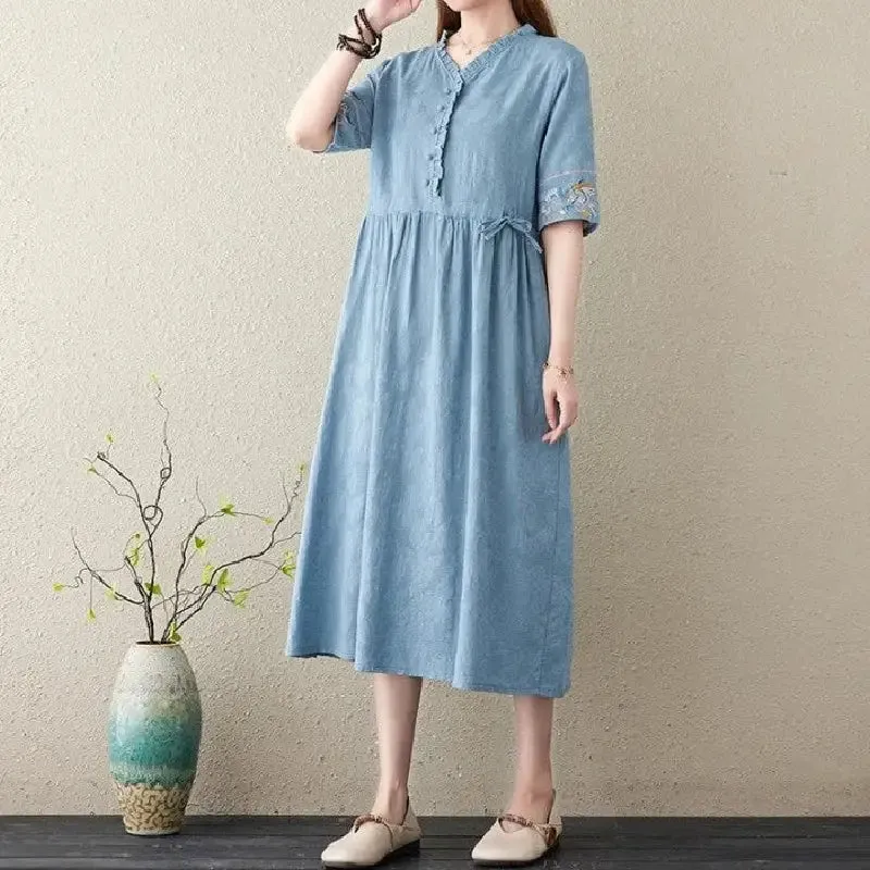 Embroidery Short Sleeve Cotton Linen V-Neck Dress