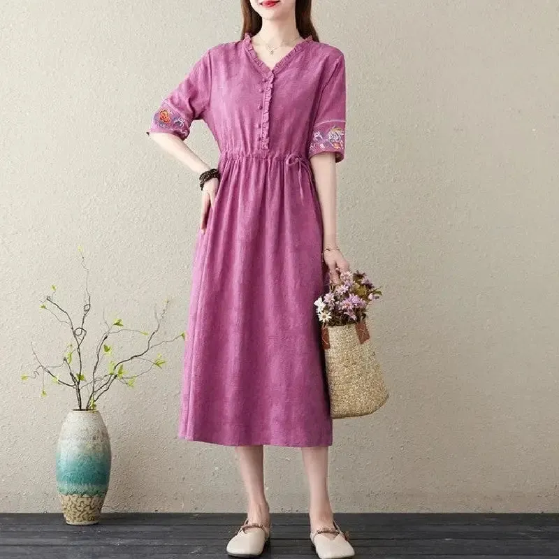 Embroidery Short Sleeve Cotton Linen V-Neck Dress