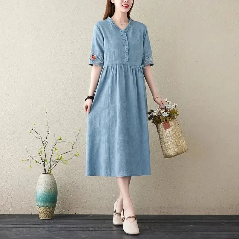 Embroidery Short Sleeve Cotton Linen V-Neck Dress