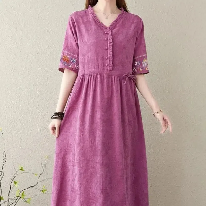 Embroidery Short Sleeve Cotton Linen V-Neck Dress