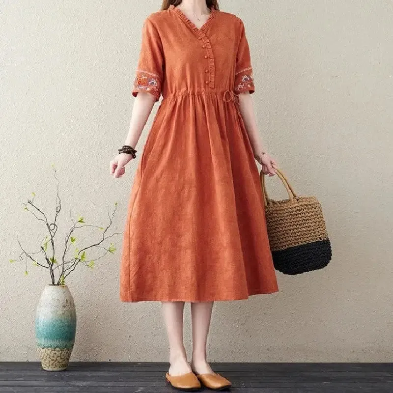 Embroidery Short Sleeve Cotton Linen V-Neck Dress