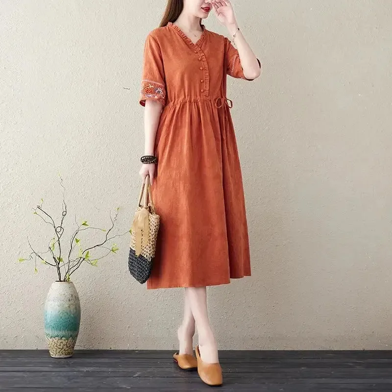 Embroidery Short Sleeve Cotton Linen V-Neck Dress