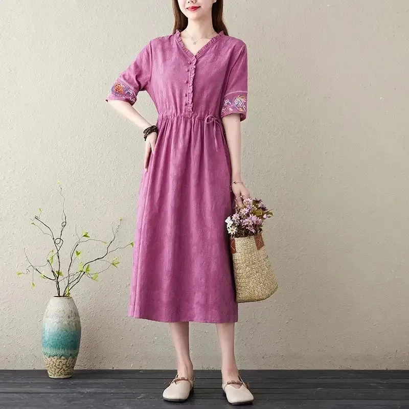 Embroidery Short Sleeve Cotton Linen V-Neck Dress