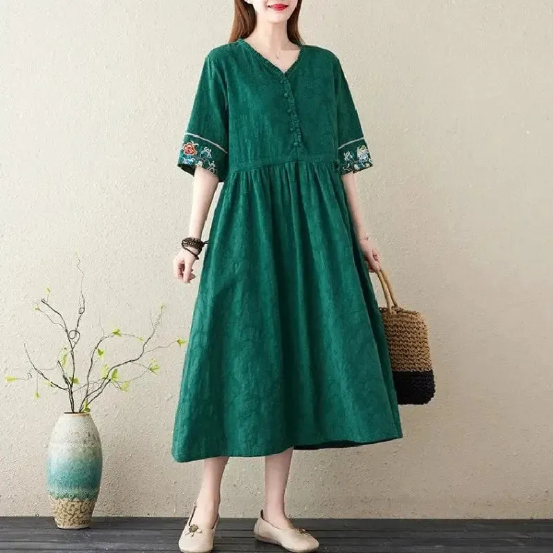 Embroidery Short Sleeve Cotton Linen V-Neck Dress