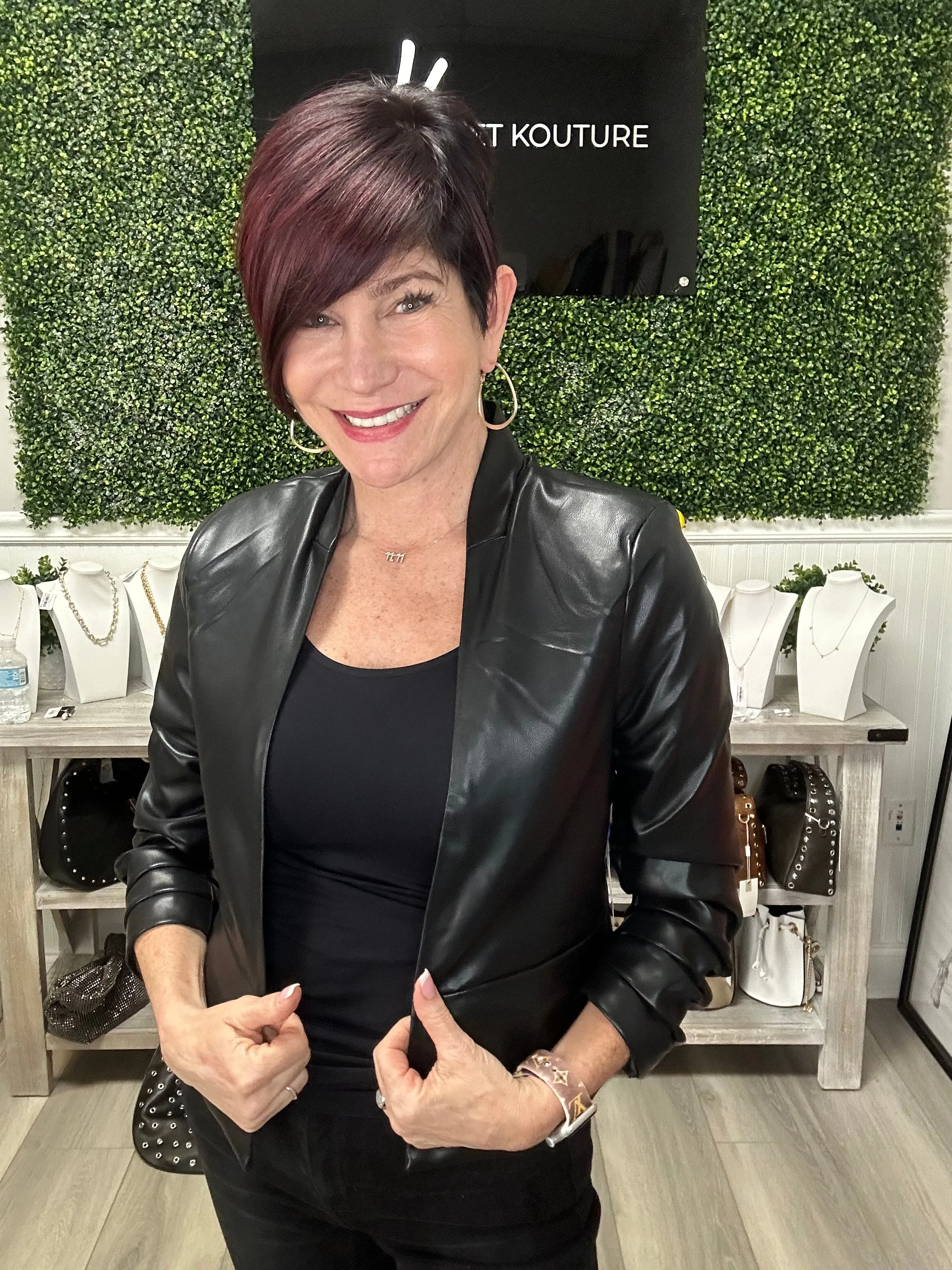 Faux Leather Ruched Sleeve Blazer