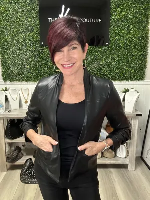 Faux Leather Ruched Sleeve Blazer