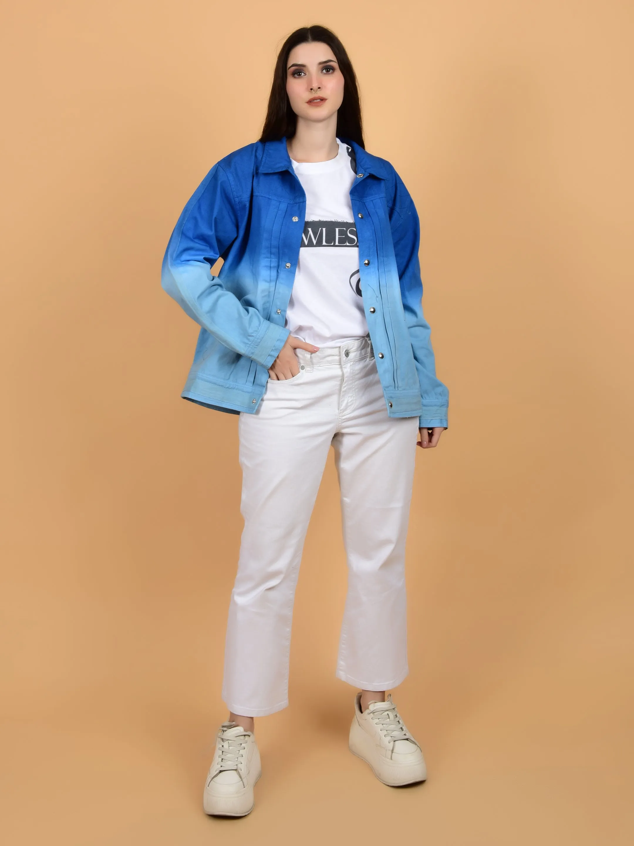 Flawless Blue & White Cotton Jacket for Women