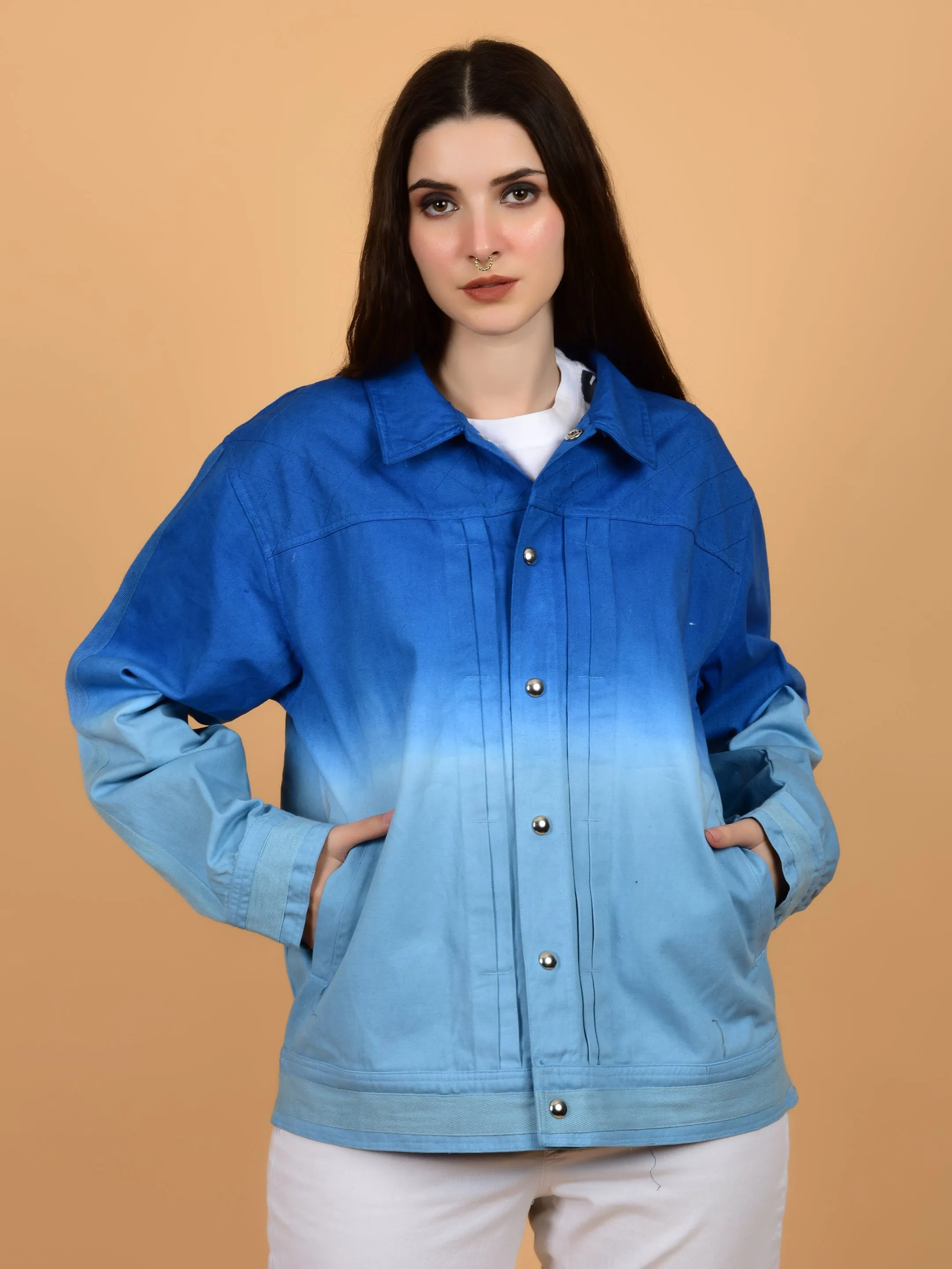 Flawless Blue & White Cotton Jacket for Women