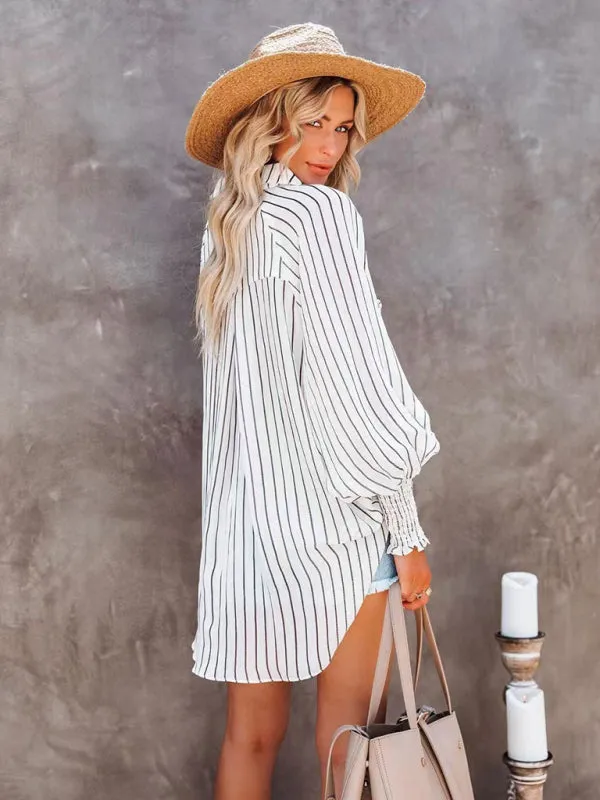 Georgette Collar Shirt Thin Medium Long Stripe Casual Long Sleeve Shirt
