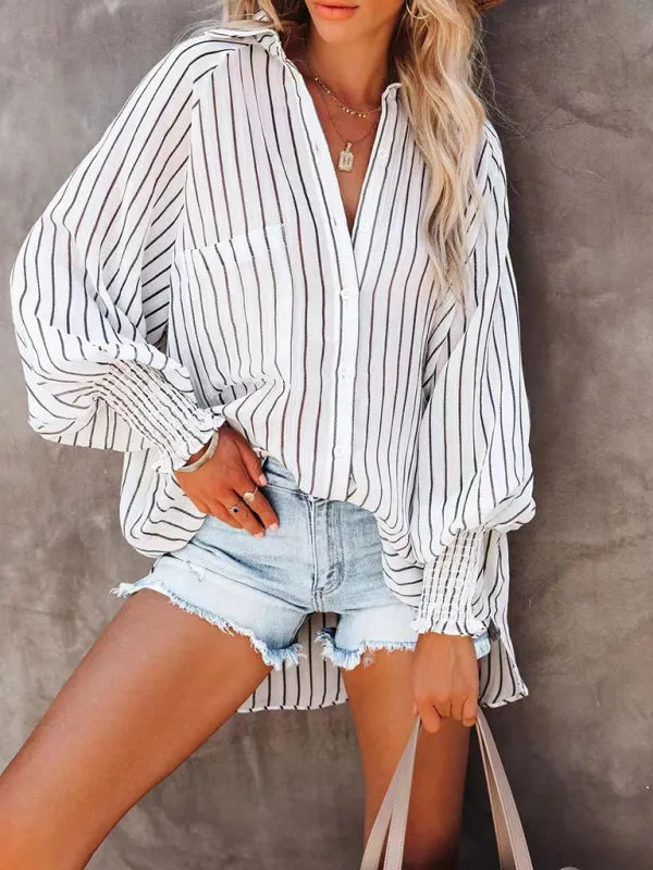 Georgette Collar Shirt Thin Medium Long Stripe Casual Long Sleeve Shirt