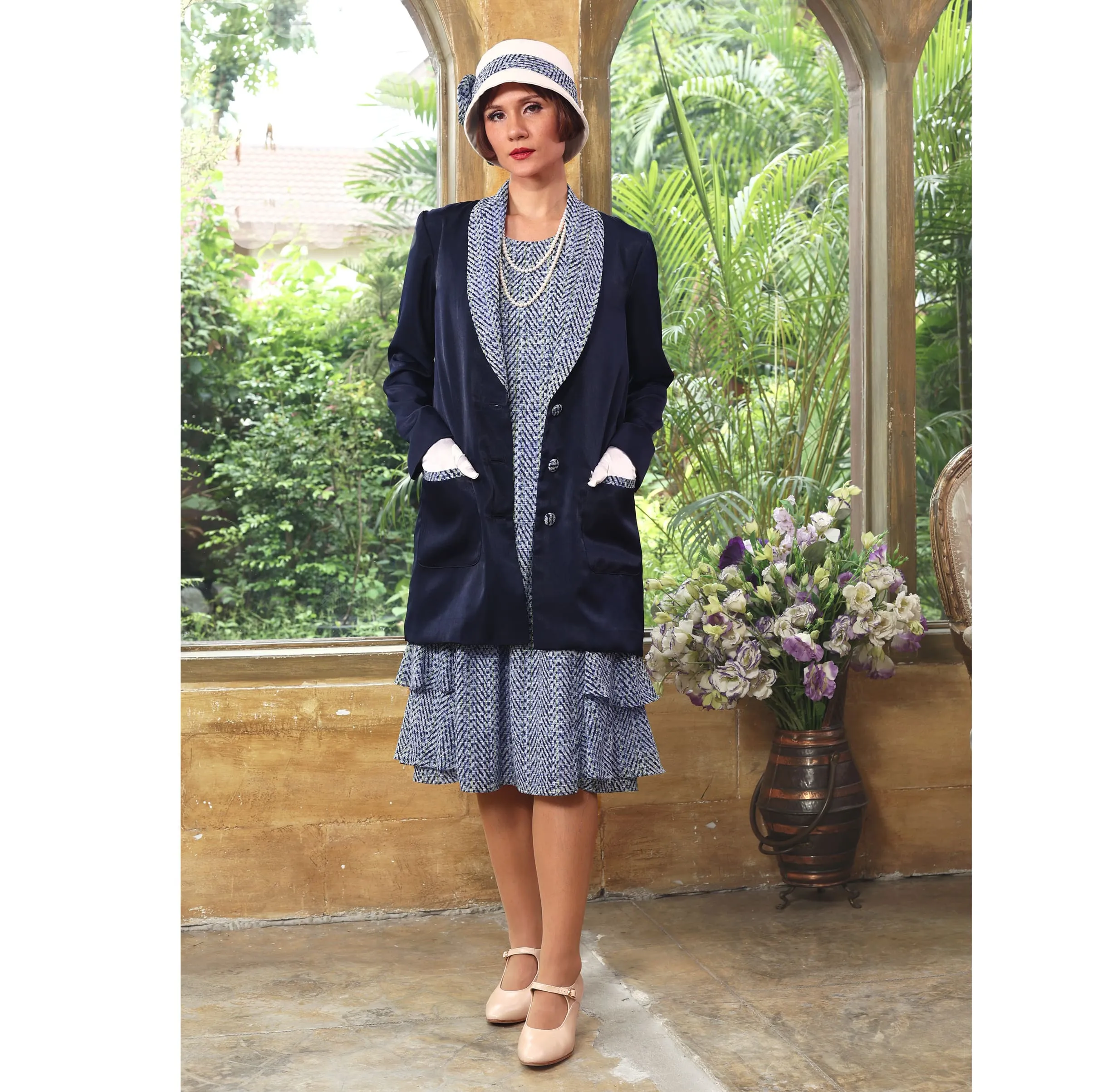Great Gatsby party dress with tiered skirt in printed blue chiffon