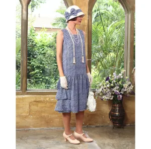 Great Gatsby party dress with tiered skirt in printed blue chiffon