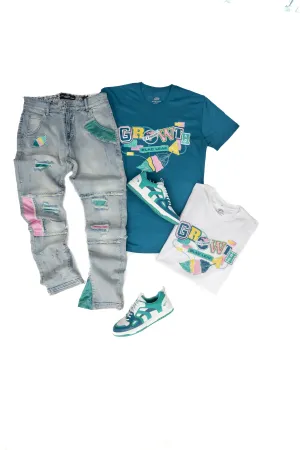 Growth Letter College Double T-shirt, Classic Jeans and Sneaker Bundle