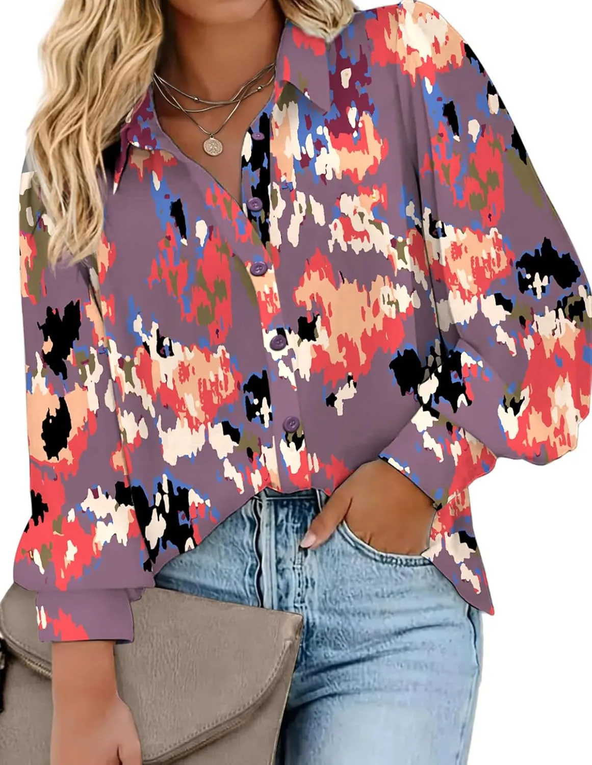 IN'VOLAND Womens Plus Size Button Down Shirts Print Long Sleeve Blouses Boho Floral Shirts Hawaiian Shirts Work Office Tops