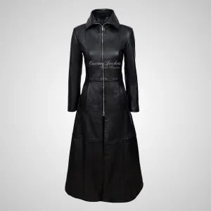 LILA Ladies Full Length Leather Flare Coat Black